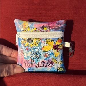 Hand Crafted Floral Coin Card Zipper Pouch with text ‘SHINE’